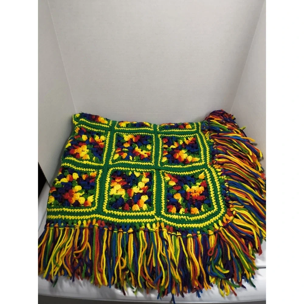 Handmade Granny Square Afghan Crochet Throw Blanket Fringe 3x5 Green Red Yellow‎